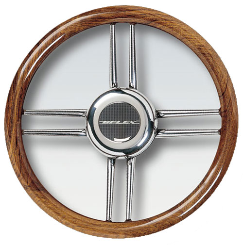 Stainless Steel Cross Spokes Steering Wheel, 13.8" Diameter, Teak Grip